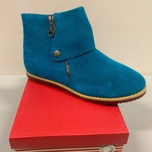 Teal Suede Ankle Boot with Side Snap and Zipper